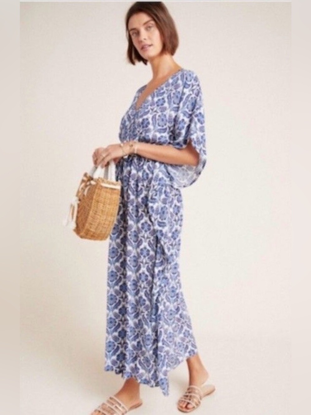 RUJUTA SHETH Marie Cinch Kaftan Maxi Dress Blue Lotus Anthropologie S/M